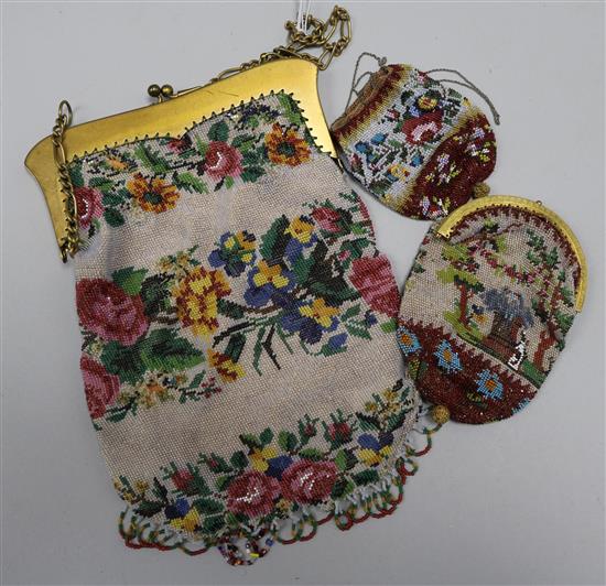 A 19th century beaded bag and two purses